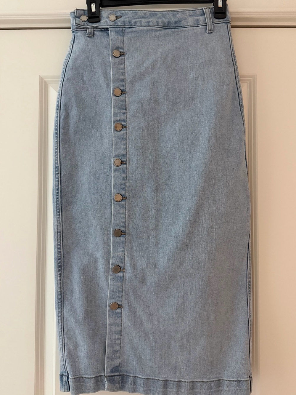 OAT New York Asymmetric Button Front Denim Skirt Light Wash
